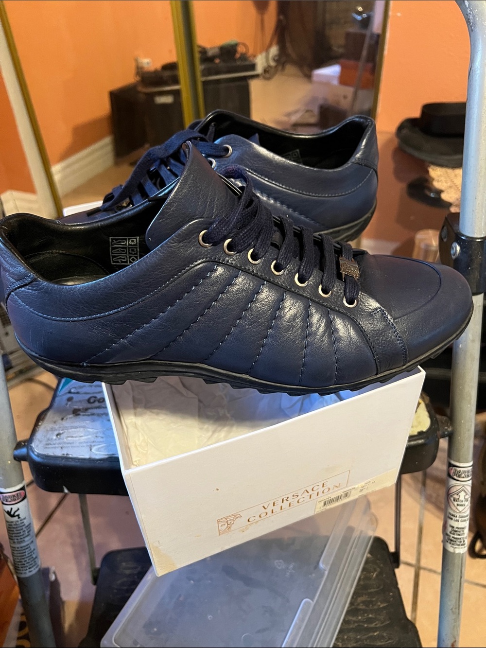 Versace Collection Navy Leather Lace-Up Sneakers